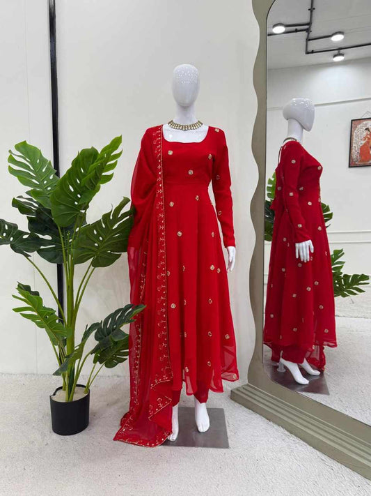 Foux Gorgette Beads with moti handwork Readymade Dress