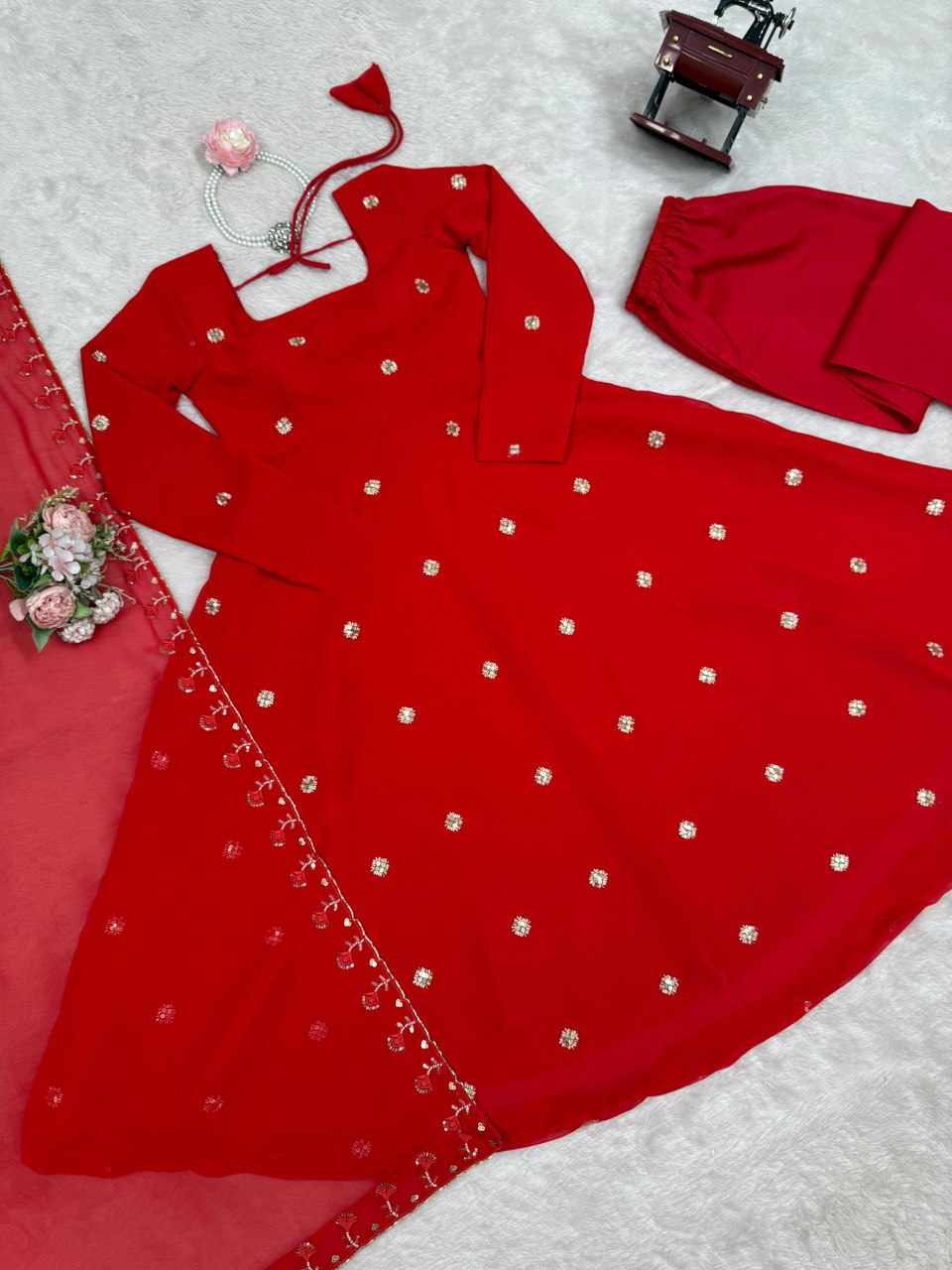 Foux Gorgette Beads with moti handwork Readymade Dress